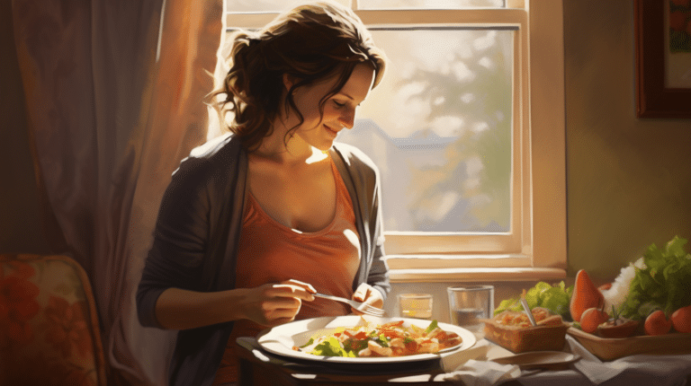 A beautiful pregnant woman eating food.