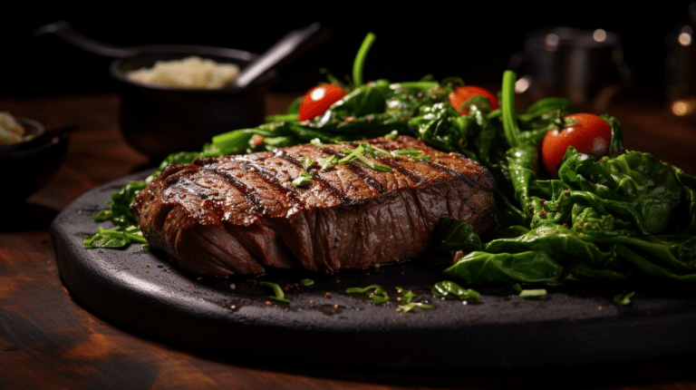 a close-up of a beautifully grilled steak, cooked to perfection, revealing its juicy tenderness and rich texture
