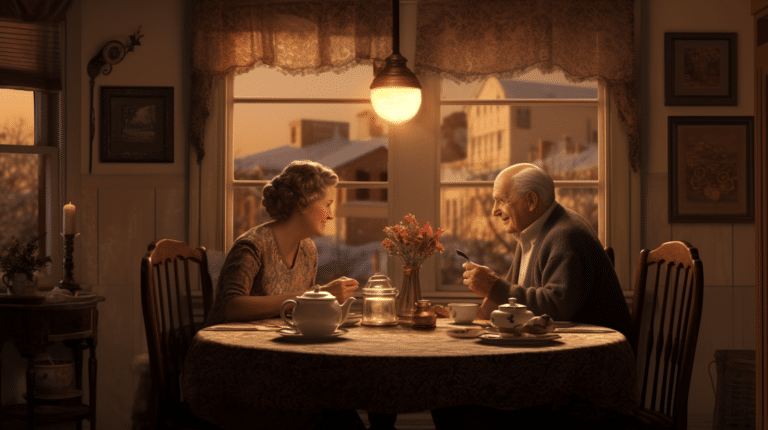 An old man and woman eating food