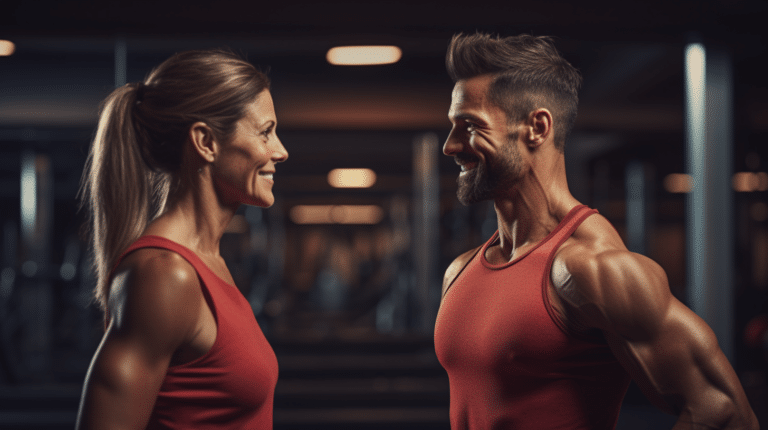 A male and female fitness trainer watching each other in the gym, smiling.