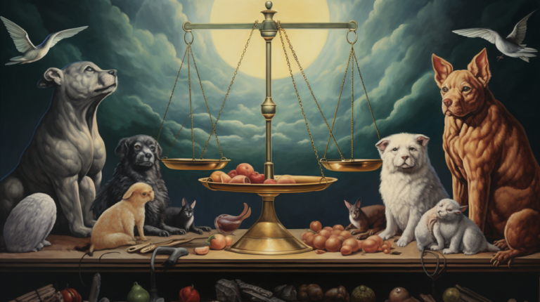 Artwork showing symbols of animal rights and welfare in a conceptual debate.