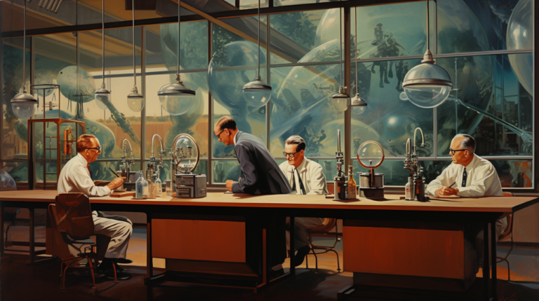 Mid-20th-century lab scene depicting the study of animal behavior and welfare.