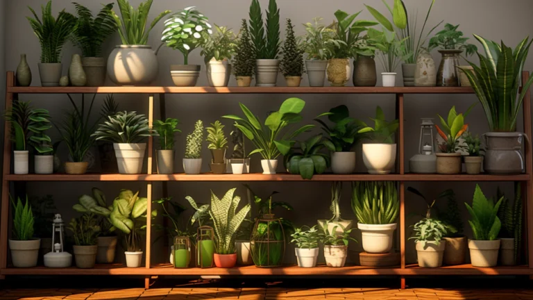 Collection of indoor plants, each with a label showing light and water requirements