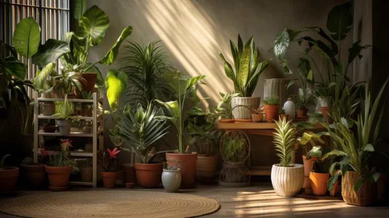 Indoor plants arranged in a room with contrasting bright and shaded areas