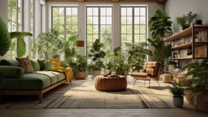 Indoor Plant Care-Lush indoor garden with various houseplants in a sunny, modern living room.