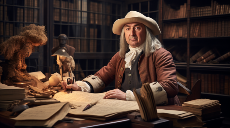 Illustration of Jeremy Bentham with historical documents on animal welfare in the background.