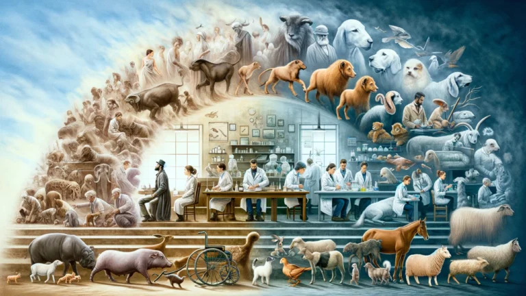 Collage showing animal welfare's evolution: left with ancient human-animal interactions, centering on mid-20th-century science, and right with contemporary animal care.