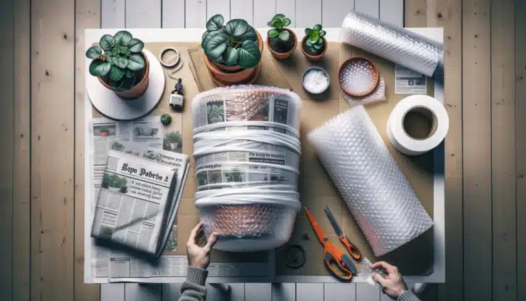 Step-by-step process of wrapping a plant pot with newspaper and bubble wrap on a table.