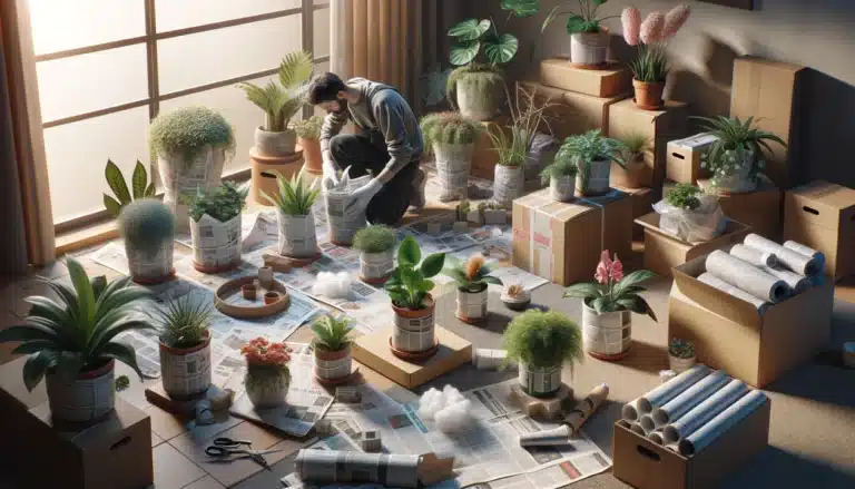 A person packing various houseplants using newspapers, bubble wrap, and cardboard boxes.
