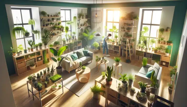 Indoor room with various houseplants arranged near windows and on shelves.