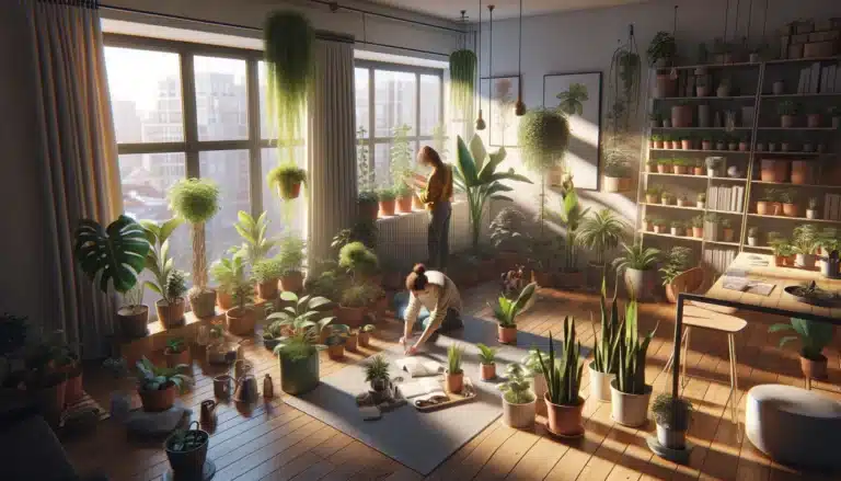 Various houseplants being cared for in a well-lit room, with attention to light, watering, and pest inspection