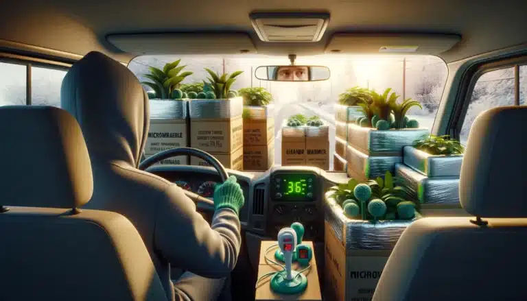 A person driving a van carefully, filled with well-secured, insulation-wrapped houseplants.