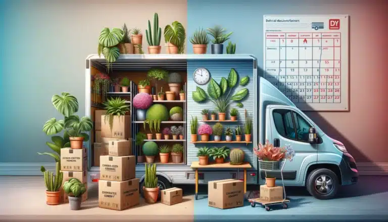 A split-scene image showing a climate-controlled moving van with plants and a damaged plant next to a delayed delivery calendar.
