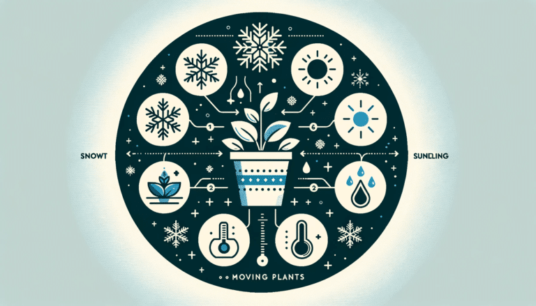Infographic with icons for winter plant care: snowflake for cold, potted plant, obscured sun, raindrop, and thermometer. No text, minimalist design.