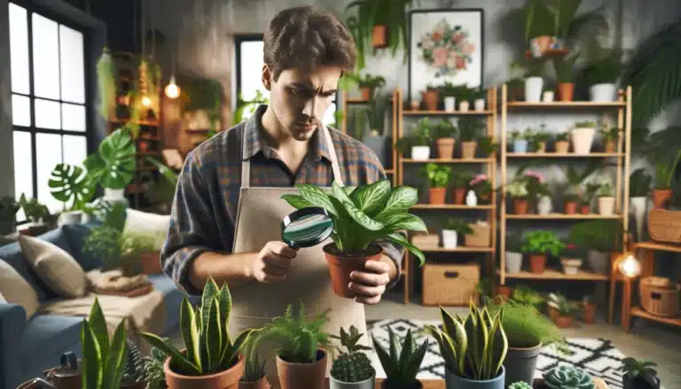 Gardener examining houseplant for pests, surrounded by plants, focused expression.