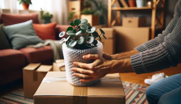 Person gently wrapping a houseplant in bubble wrap for winter plant moving, with moving boxes in a cozy home setting in the background.