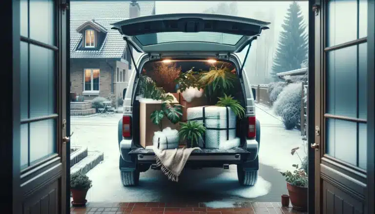 SUV loaded with insulated houseplants in a snowy driveway.